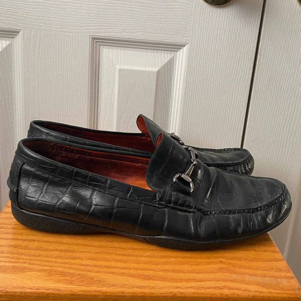 Peter Millar Black Croc Embossed Leather Horse Bit Driving Loafers SZ 12M